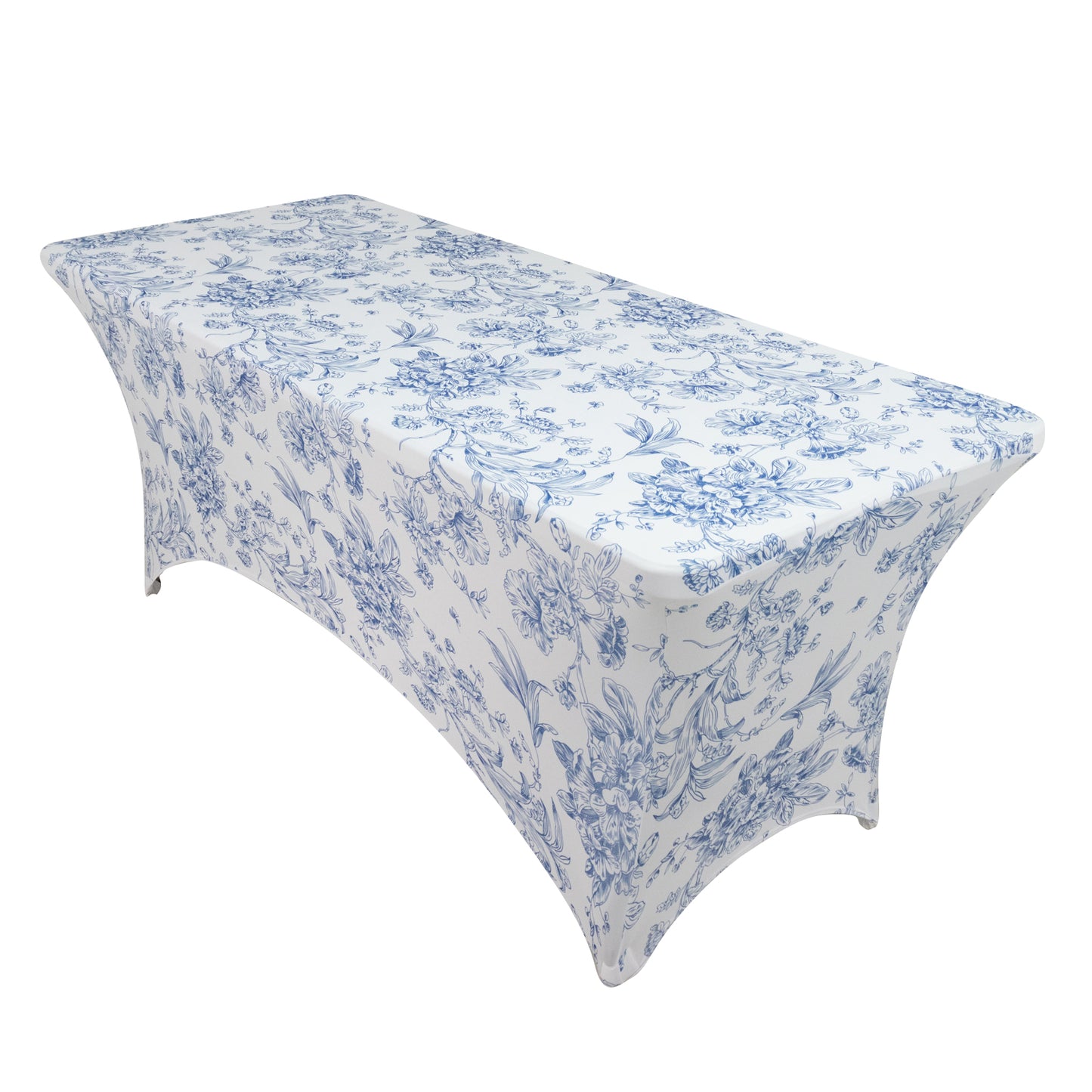 6ft Spandex Fitted Rectangle Tablecloth – White & Blue French Toile Wrinkle-Free Stretch Table Cover