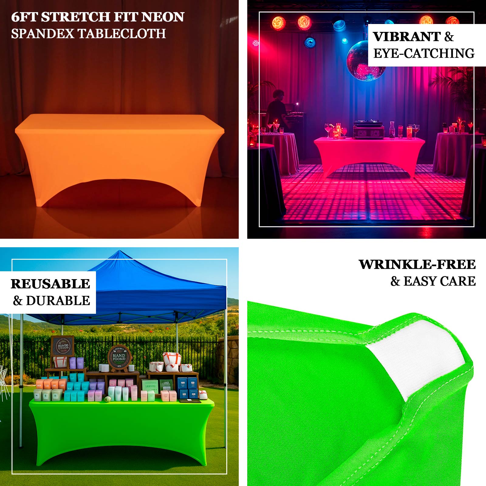 Glow Neon Orange Fitted Spandex Tablecloth for 6ft rectangle tables, wrinkle-free cover.