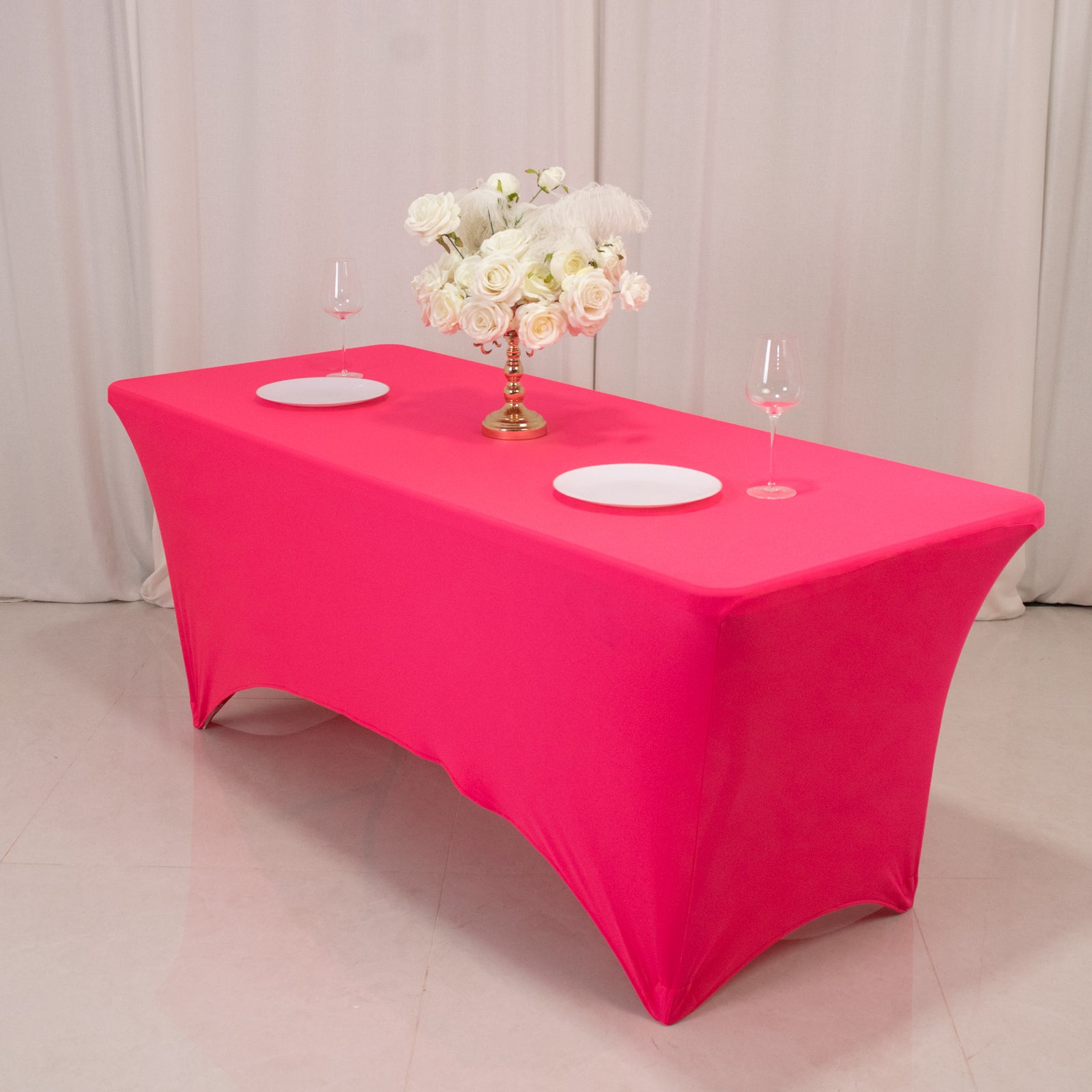 Glow Neon Fuchsia Fitted Spandex Tablecloth on a 6ft rectangle table.