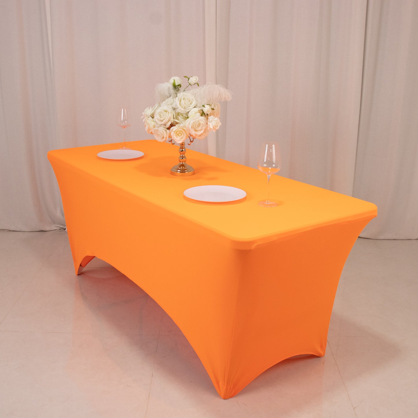 Glow Neon Orange Fitted Spandex Tablecloth on a 6ft rectangle table.