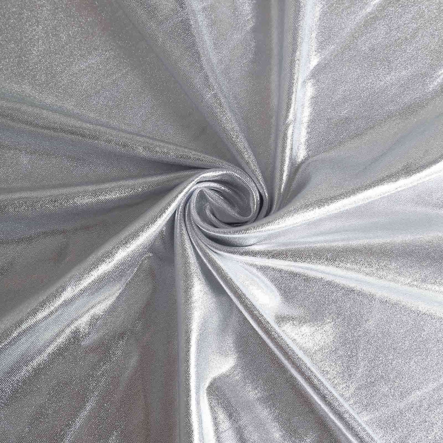 Metallic silver spandex stretch fitted table cover for 6ft banquet tables.