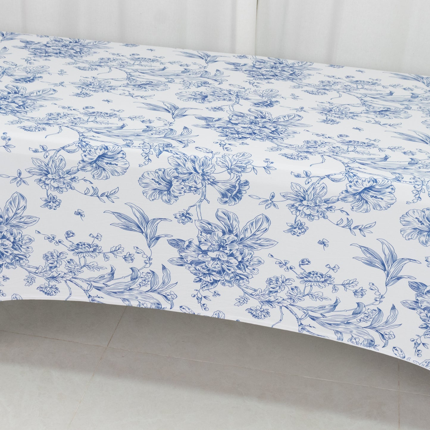 8ft Spandex Fitted Rectangle Tablecloth – White & Blue French Toile Wrinkle-Free Stretch Table Cover