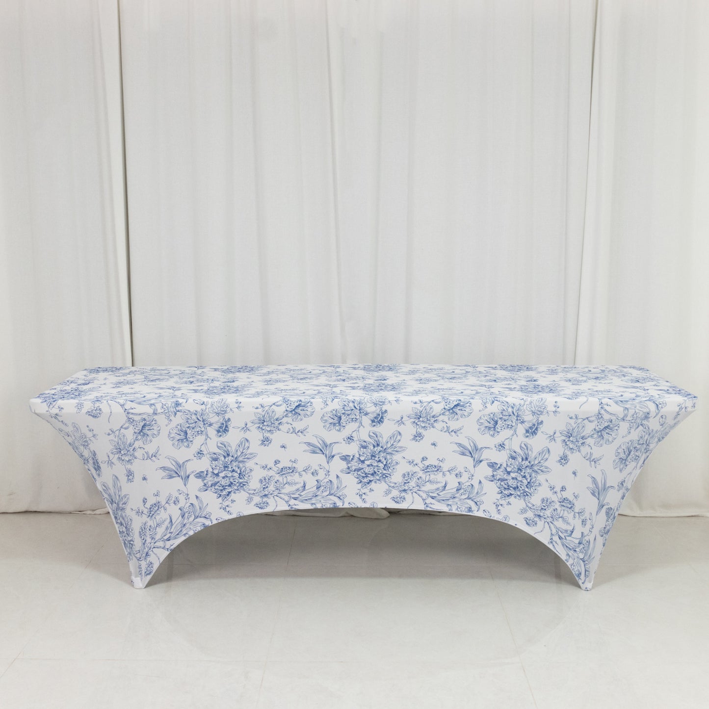 8ft Spandex Fitted Rectangle Tablecloth – White & Blue French Toile Wrinkle-Free Stretch Table Cover