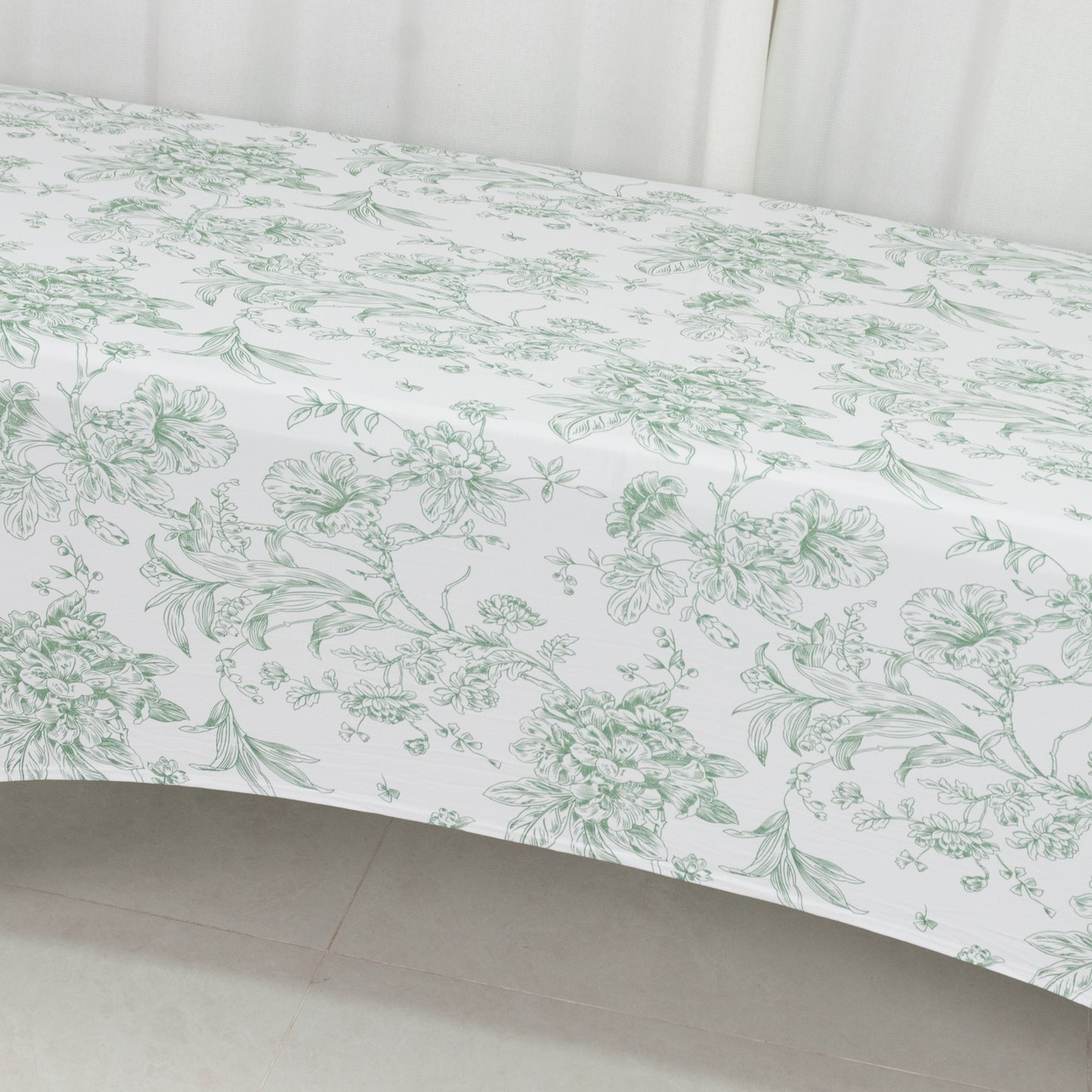 8ft Spandex Fitted Rectangle Tablecloth – White & Dusty Sage Green French Toile Wrinkle-Free Stretch Table Cover
