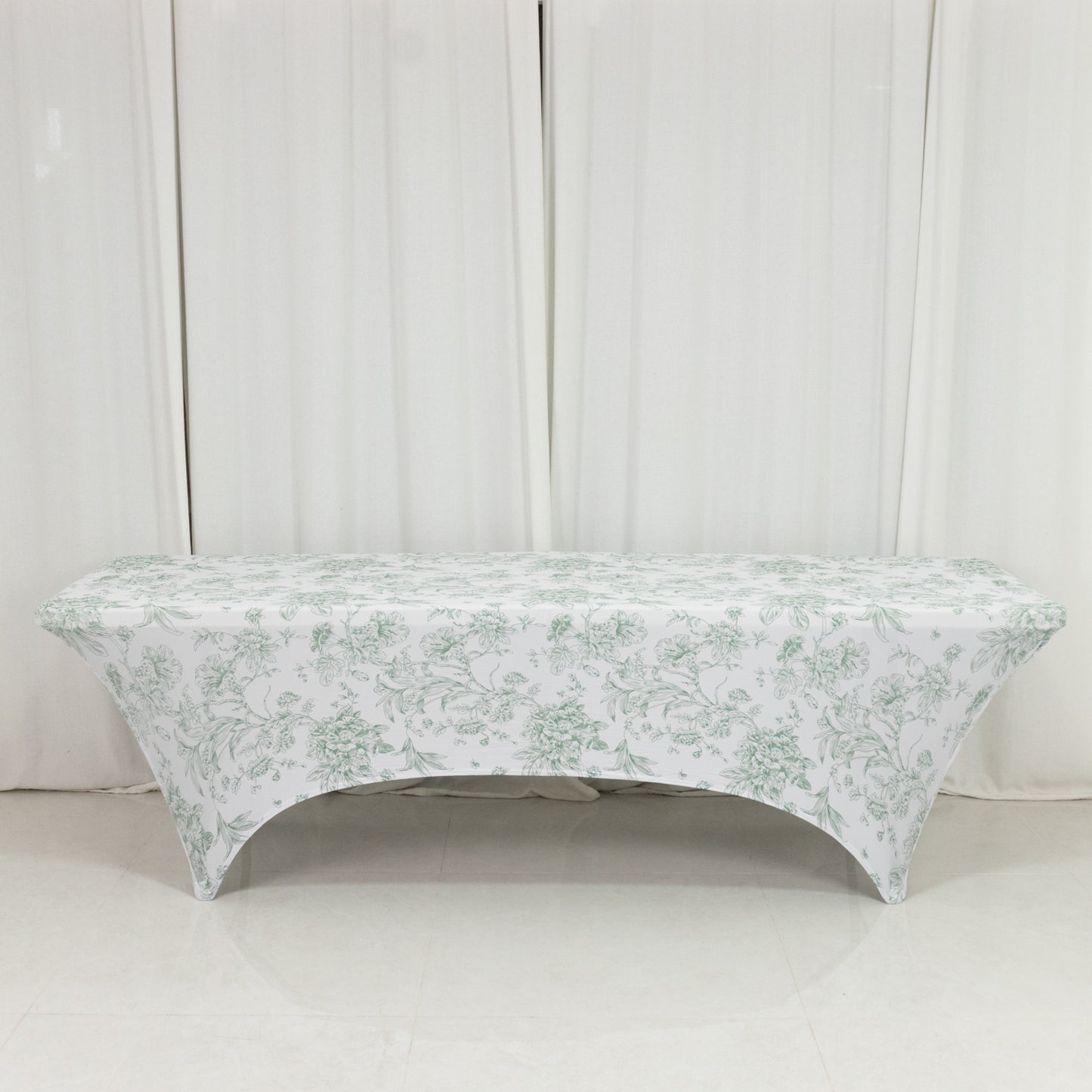 8ft Spandex Fitted Rectangle Tablecloth – White & Dusty Sage Green French Toile Wrinkle-Free Stretch Table Cover