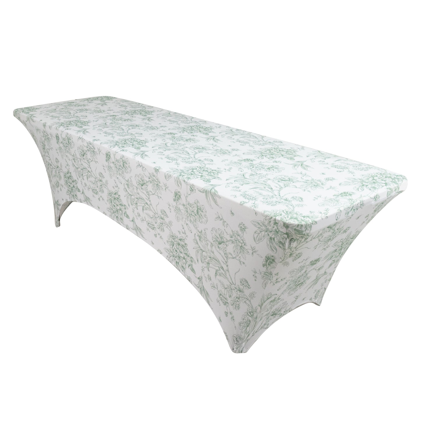8ft Spandex Fitted Rectangle Tablecloth – White & Dusty Sage Green French Toile Wrinkle-Free Stretch Table Cover