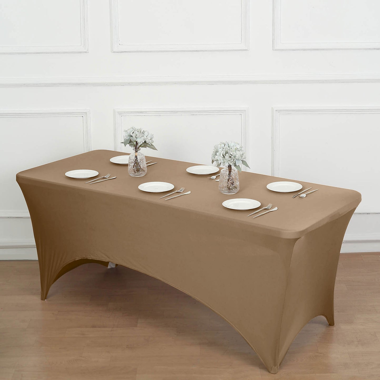 Taupe Stretch Spandex Rectangle Tablecloth 8ft Wrinkle Free Fitted Table Cover for 96"x30" Tables