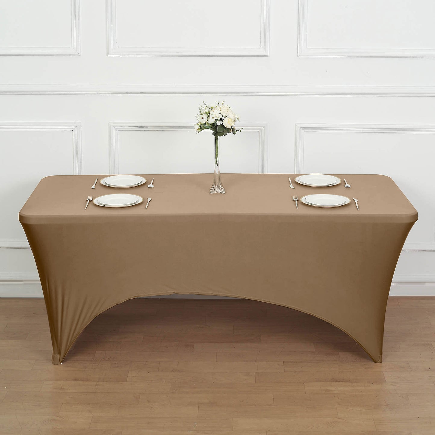 Taupe Stretch Spandex Rectangle Tablecloth 8ft Wrinkle Free Fitted Table Cover for 96"x30" Tables