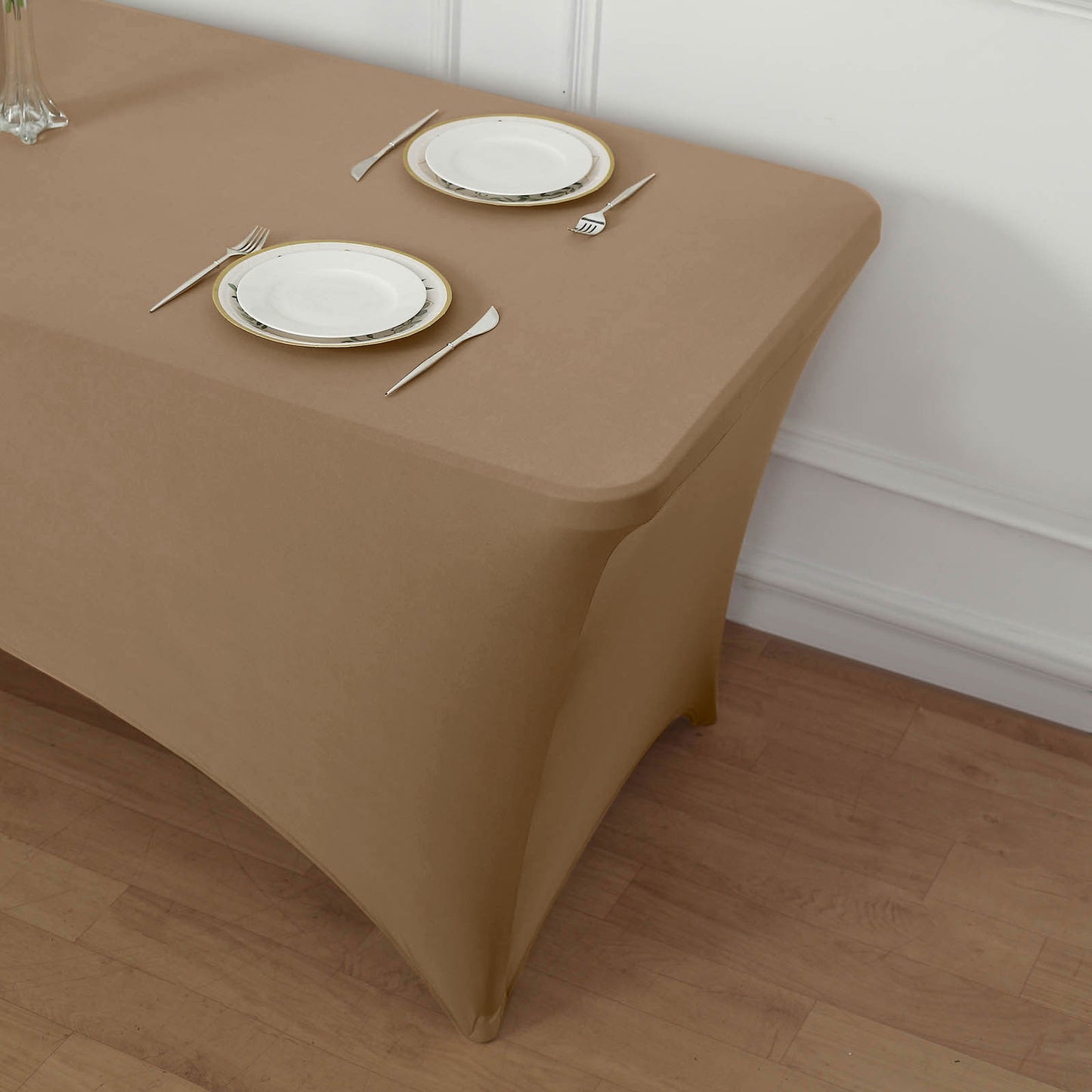 Taupe Stretch Spandex Rectangle Tablecloth 8ft Wrinkle Free Fitted Table Cover for 96"x30" Tables