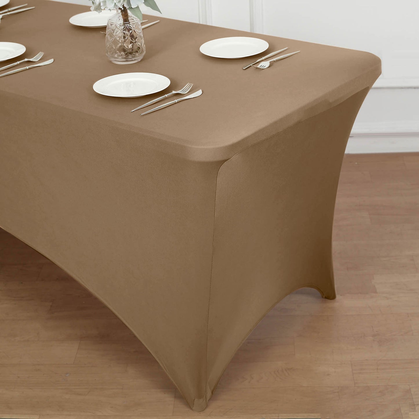 Taupe Stretch Spandex Rectangle Tablecloth 8ft Wrinkle Free Fitted Table Cover for 96"x30" Tables