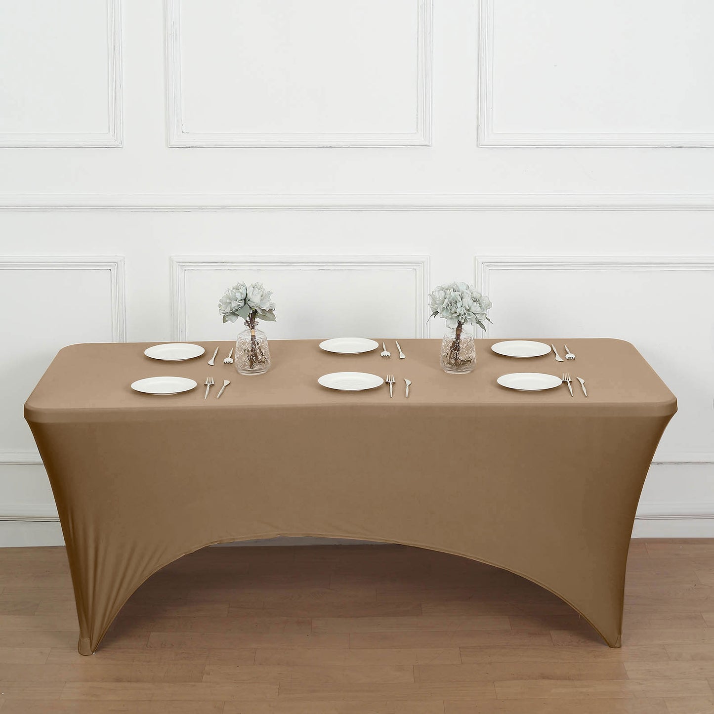 Taupe Stretch Spandex Rectangle Tablecloth 8ft Wrinkle Free Fitted Table Cover for 96"x30" Tables