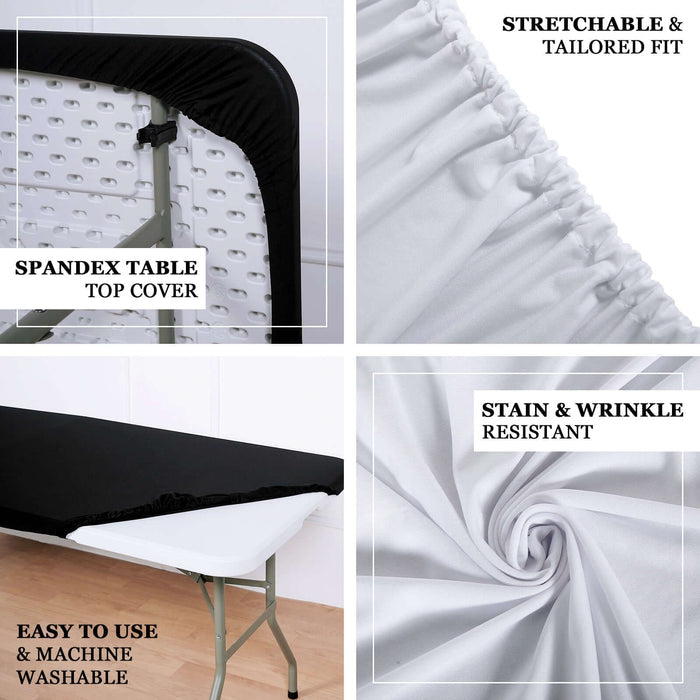 White stretch spandex tablecloth cover for 8ft tables, wrinkle-free and fitted.