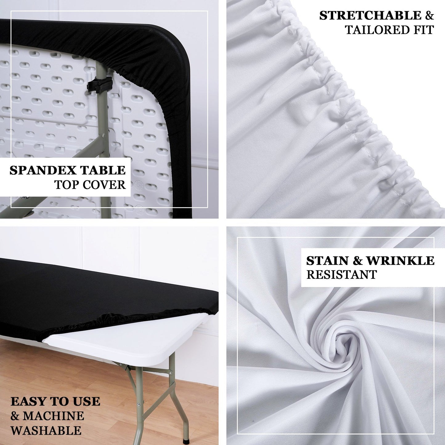 White stretch spandex tablecloth for 48"x30" tables, wrinkle-free fitted cover.