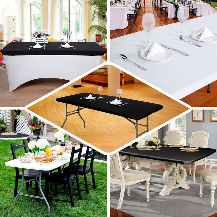 White stretch spandex fitted tablecloth for 8ft rectangle tables.