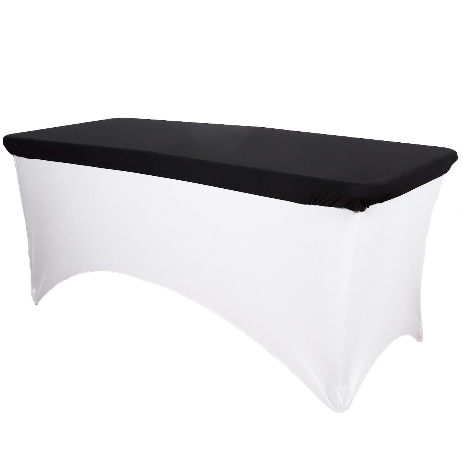 Black fitted tablecloth cover for 8ft rectangle tables, wrinkle-free design.