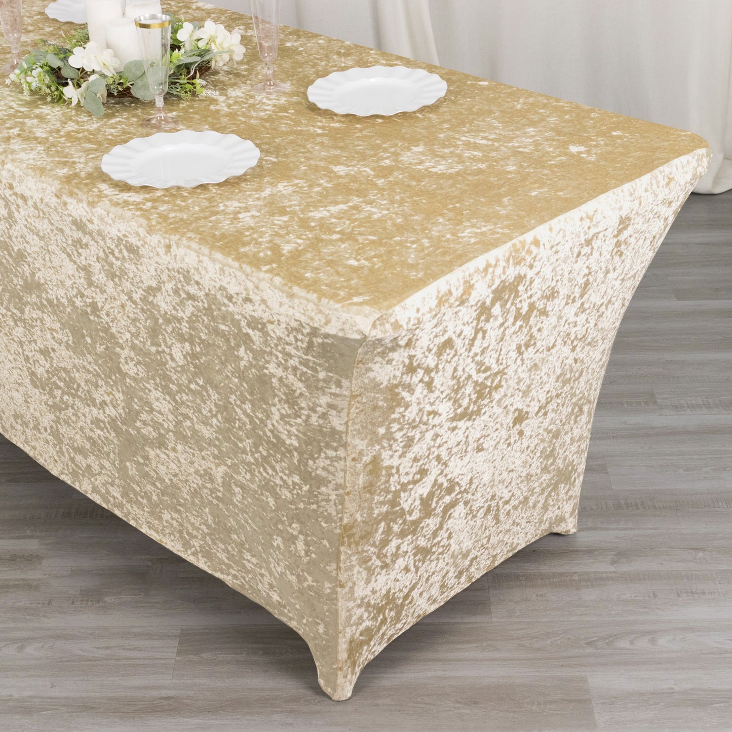 6ft Beige Crushed Velvet Spandex Fitted Rectangular Table Cover