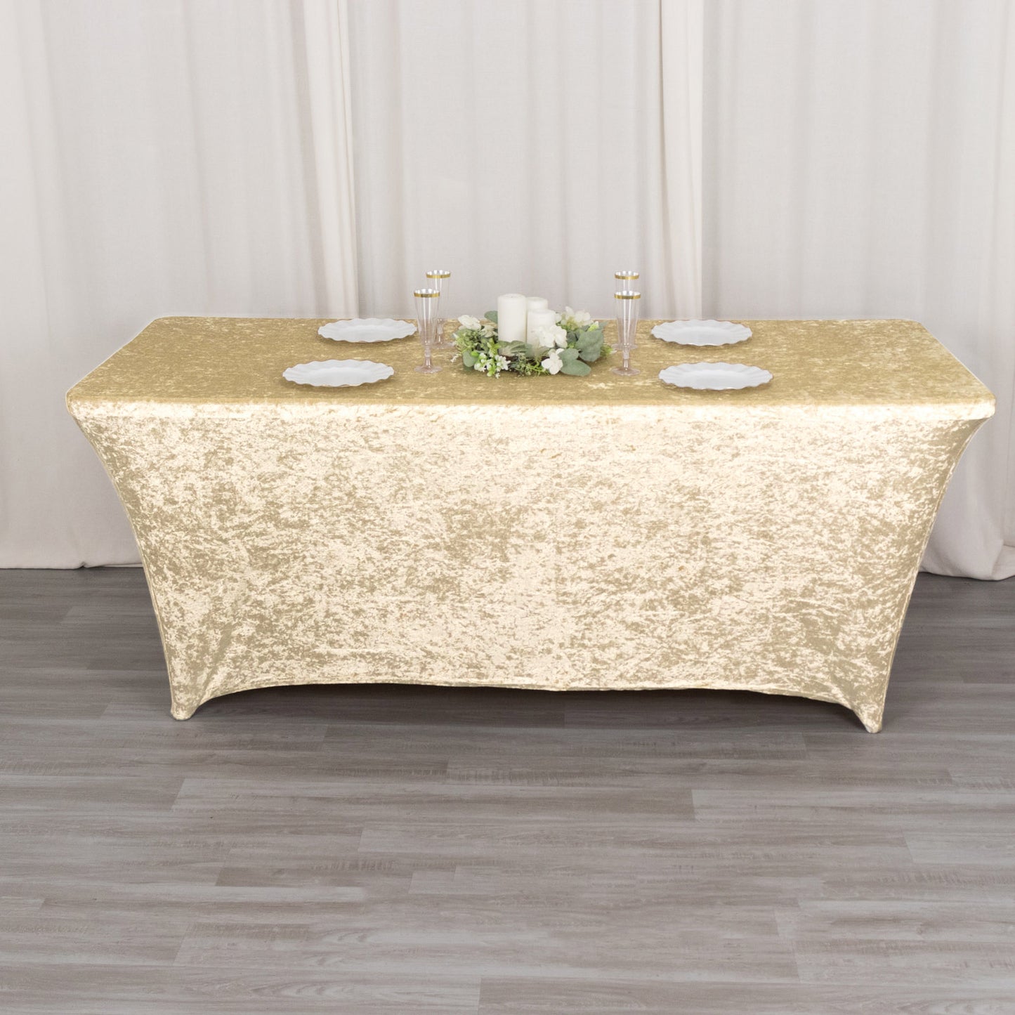 6ft Beige Crushed Velvet Spandex Fitted Rectangular Table Cover