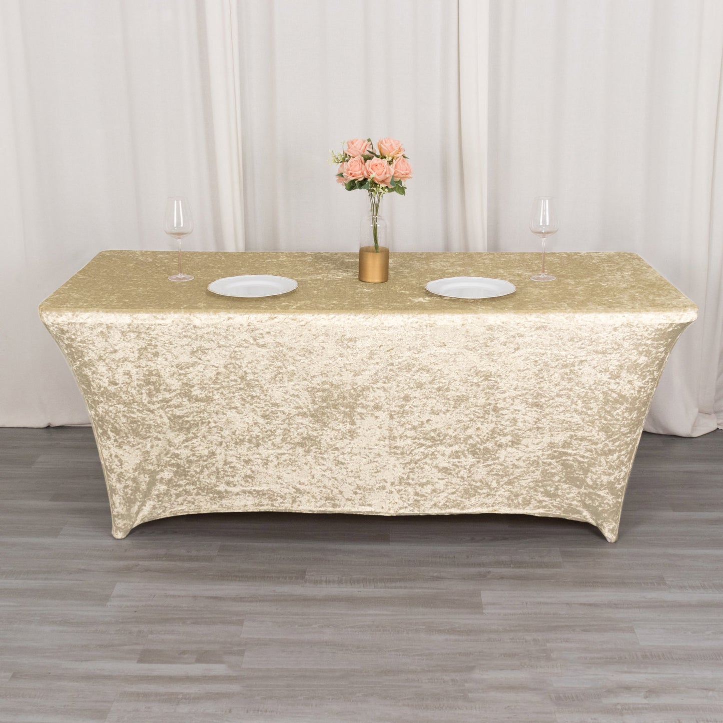 6ft Beige Crushed Velvet Spandex Fitted Rectangular Table Cover
