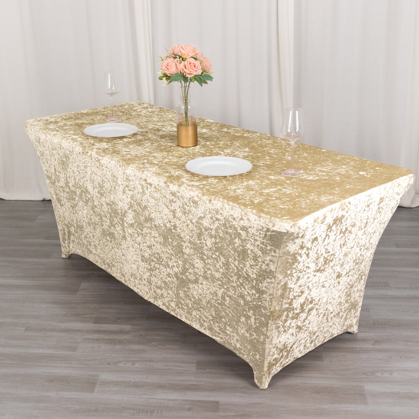 6ft Beige Crushed Velvet Spandex Fitted Rectangular Table Cover