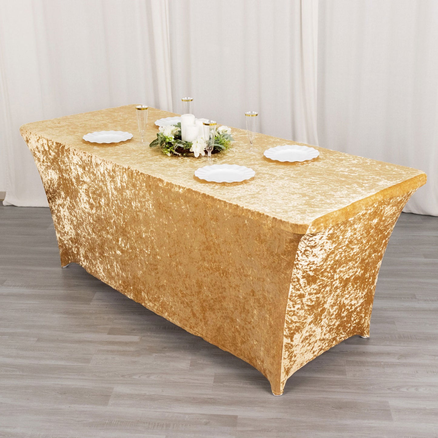 6ft Champagne Crushed Velvet Spandex Fitted Rectangular Table Cover