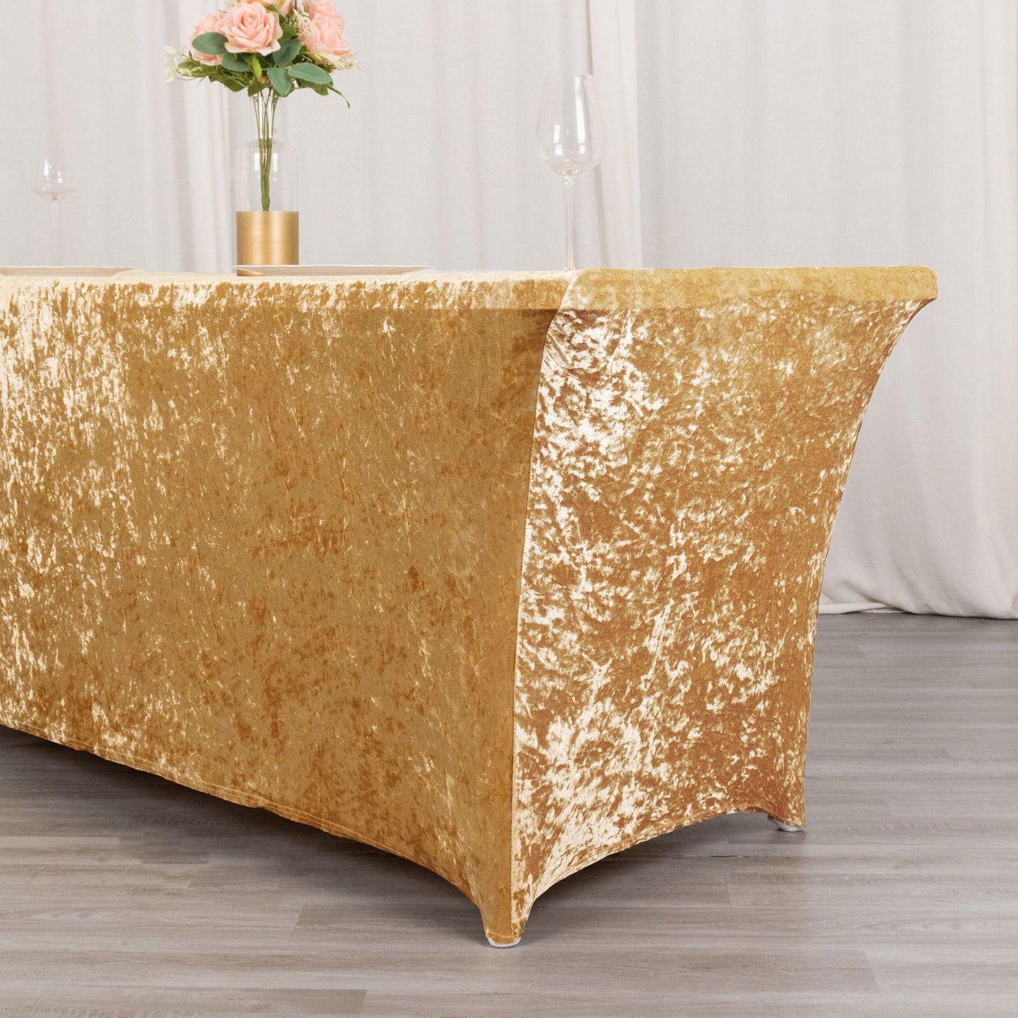 6ft Champagne Crushed Velvet Spandex Fitted Rectangular Table Cover