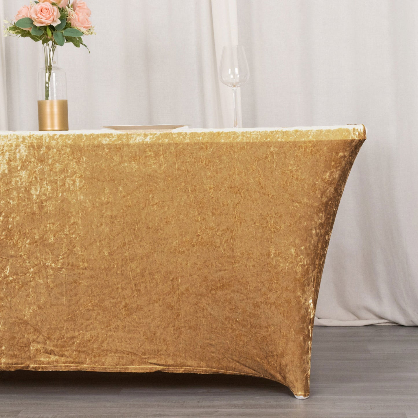 6ft Champagne Crushed Velvet Spandex Fitted Rectangular Table Cover