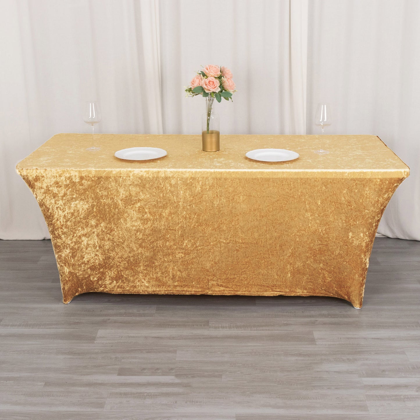 6ft Champagne Crushed Velvet Spandex Fitted Rectangular Table Cover