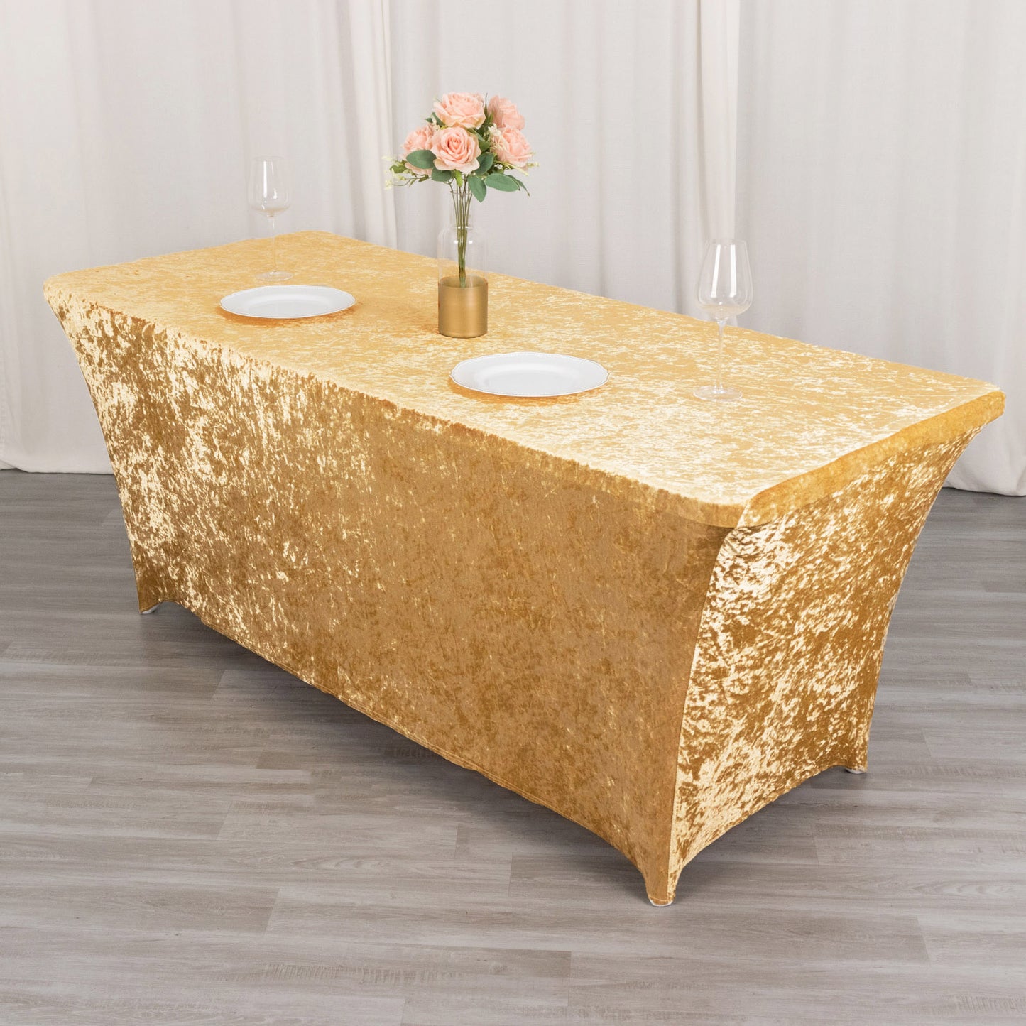 6ft Champagne Crushed Velvet Spandex Fitted Rectangular Table Cover