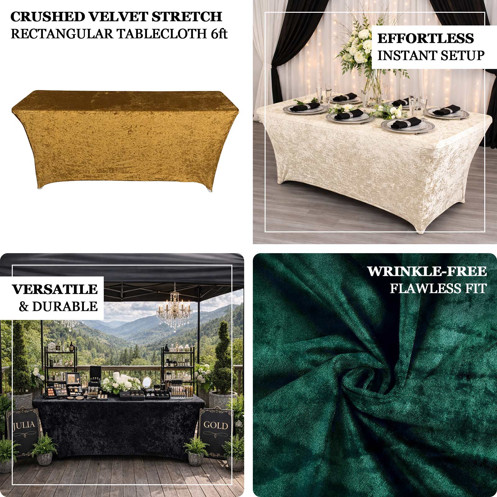 6ft Crushed Velvet Spandex Fitted Rectangular Table Cover
