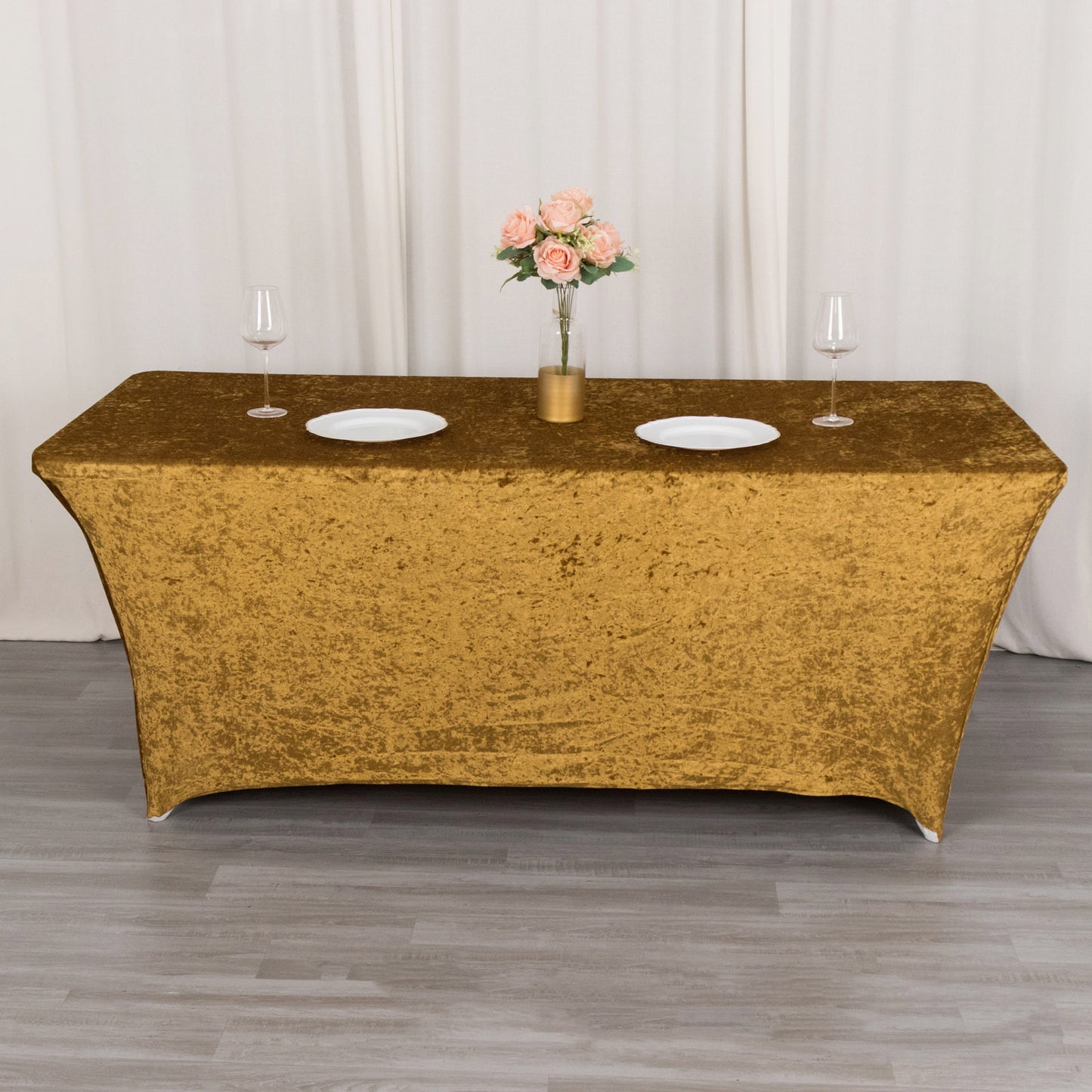 6ft Gold Crushed Velvet Spandex Fitted Rectangular Table Cover