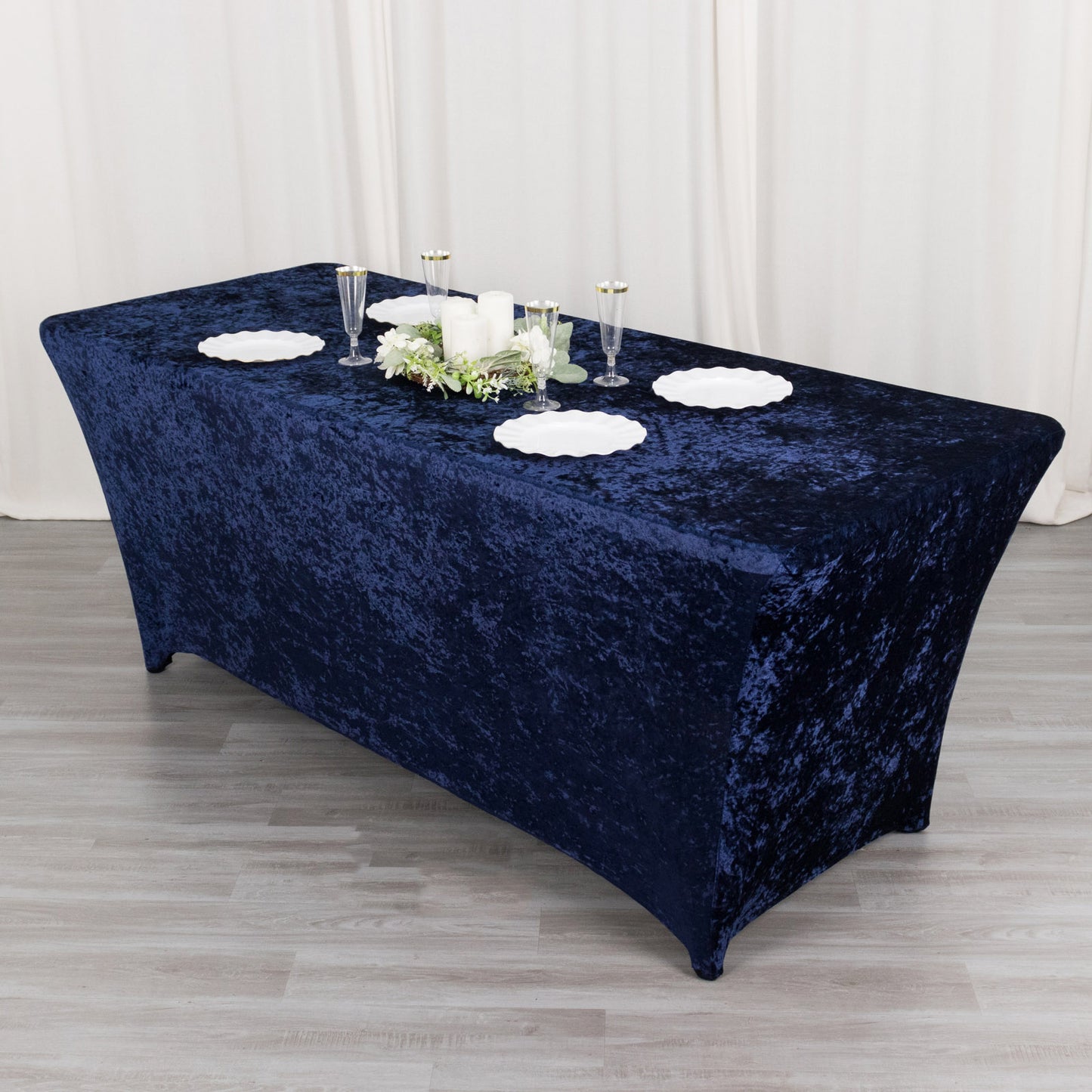 6ft Navy Blue Crushed Velvet Spandex Fitted Rectangular Table Cover