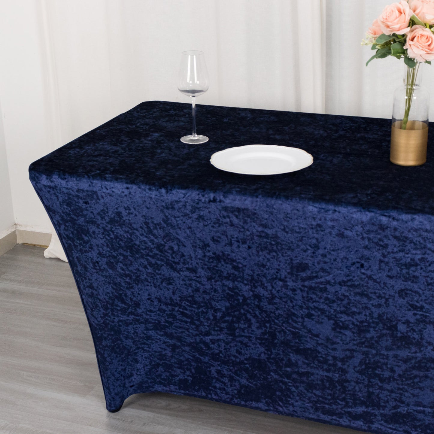 6ft Navy Blue Crushed Velvet Spandex Fitted Rectangular Table Cover