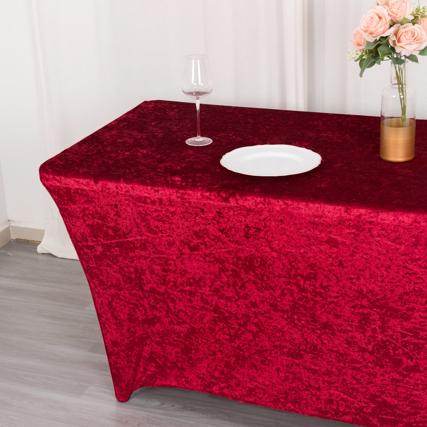 6ft Red Crushed Velvet Spandex Fitted Rectangular Table Cover