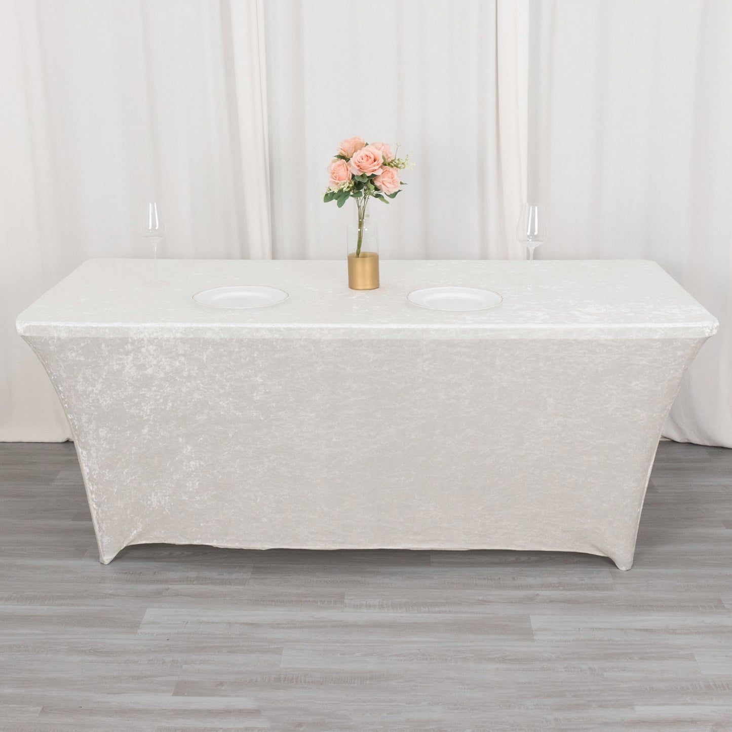 6ft White Crushed Velvet Spandex Fitted Rectangular Table Cover