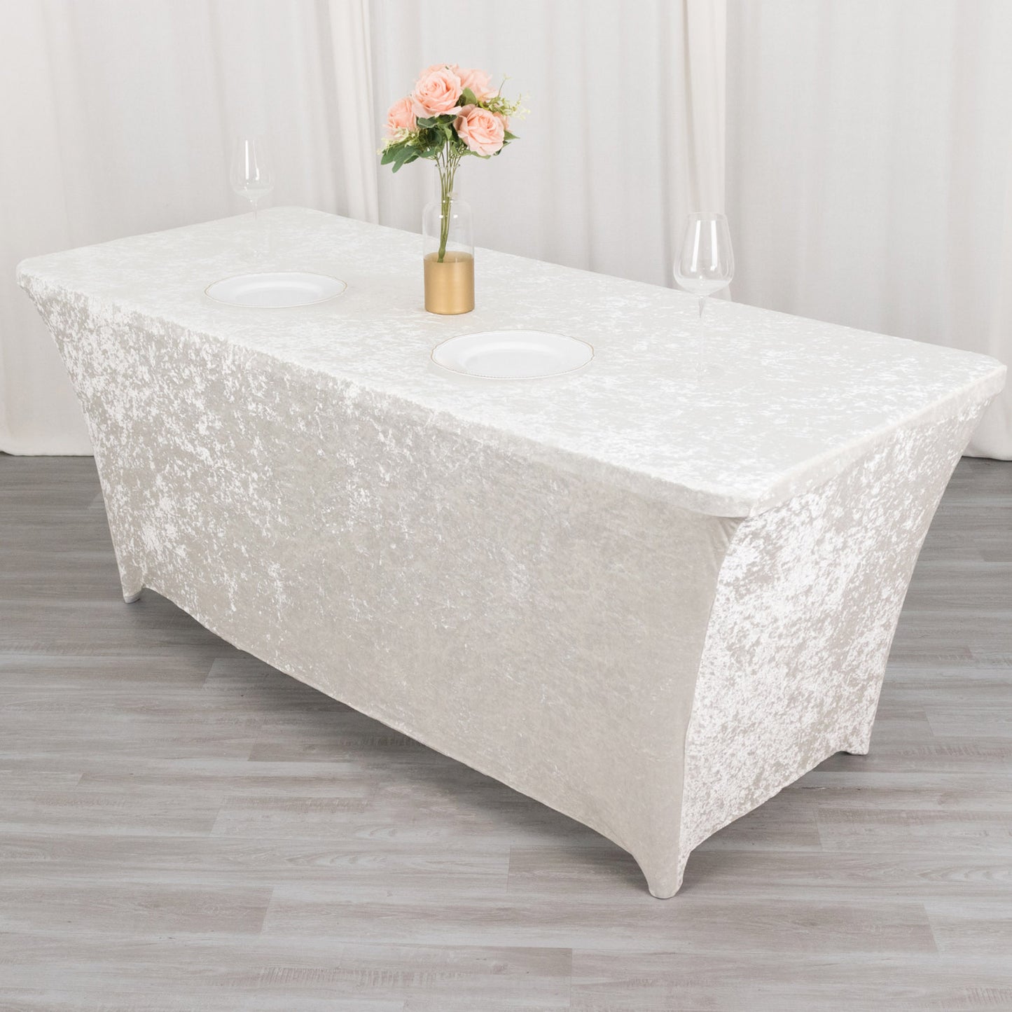 6ft White Crushed Velvet Spandex Fitted Rectangular Table Cover