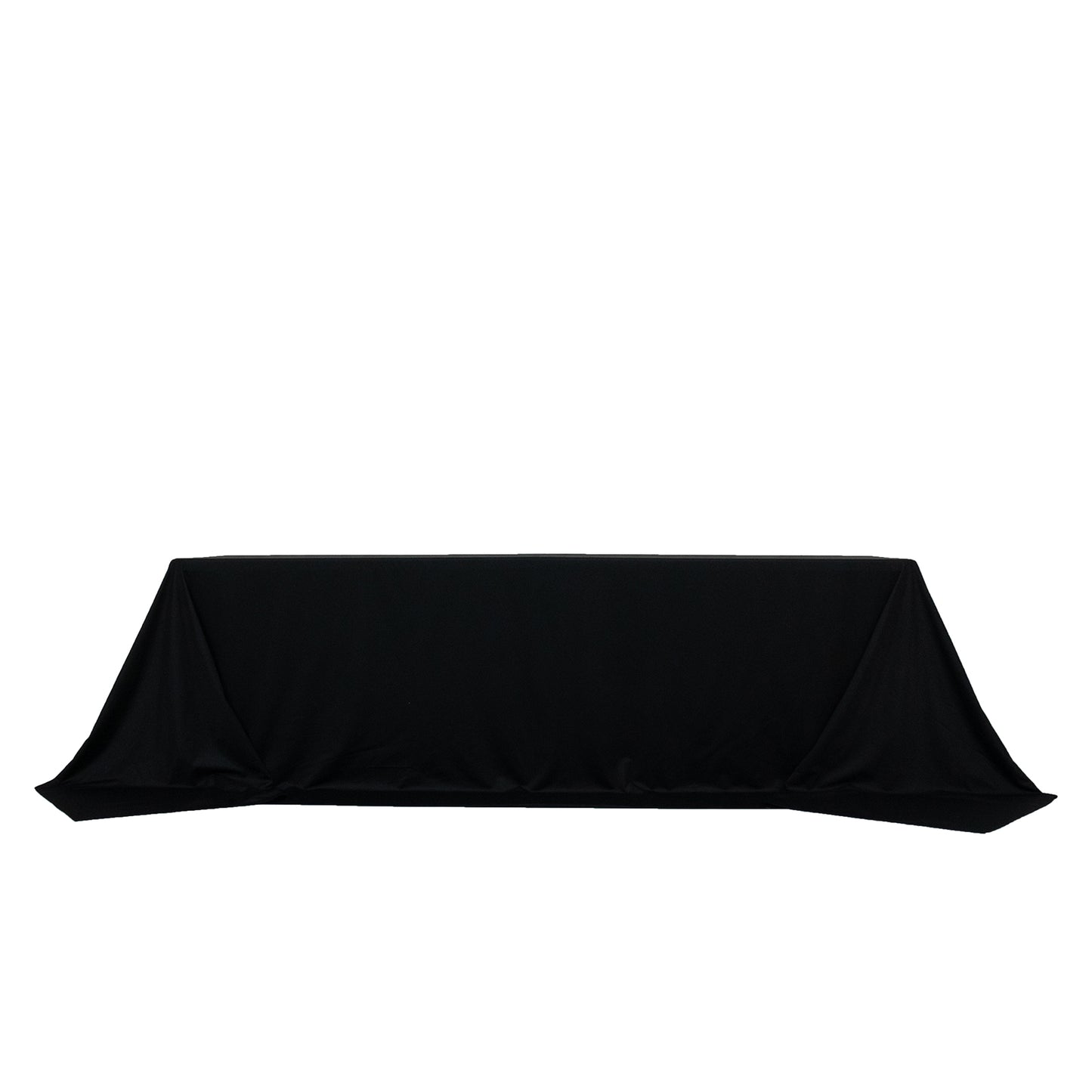 Black rectangular tablecloth for 8ft tables, wrinkle-free and stain-resistant.