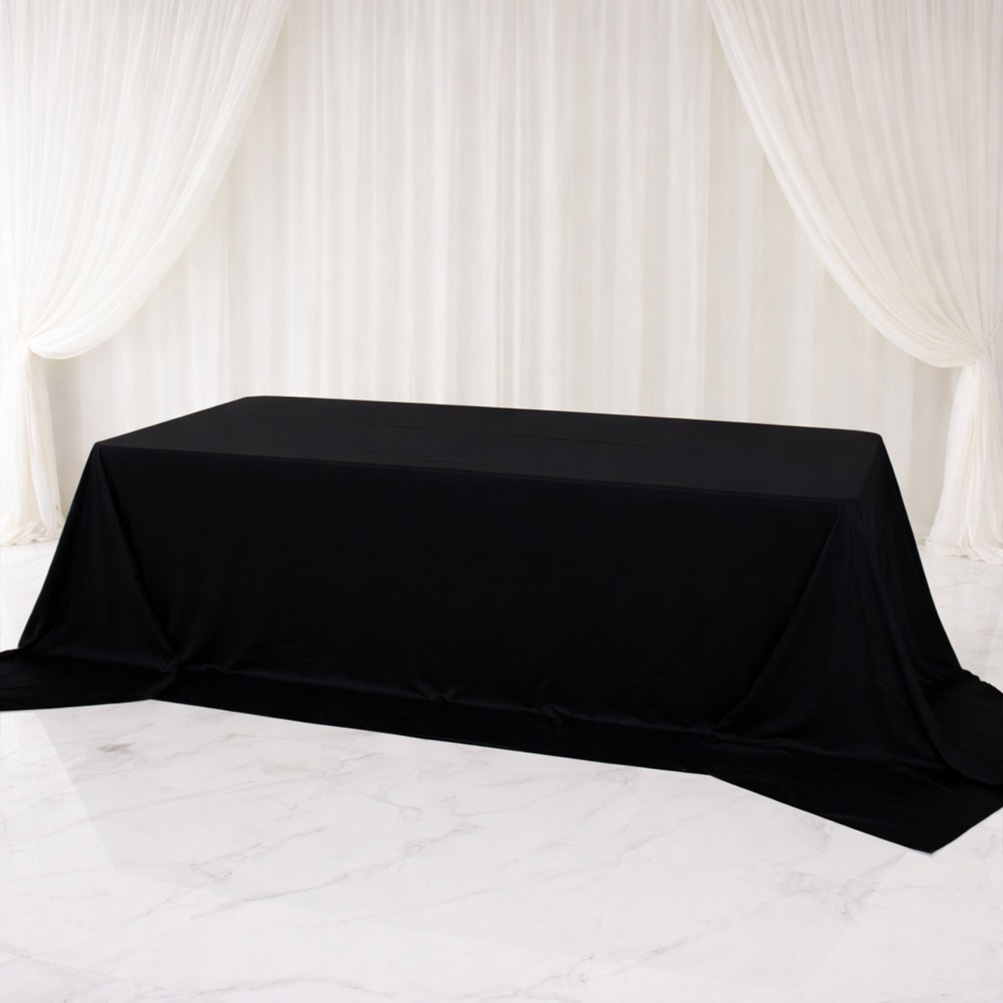 Black rectangular tablecloth for 8ft tables, wrinkle-free and stain-resistant.