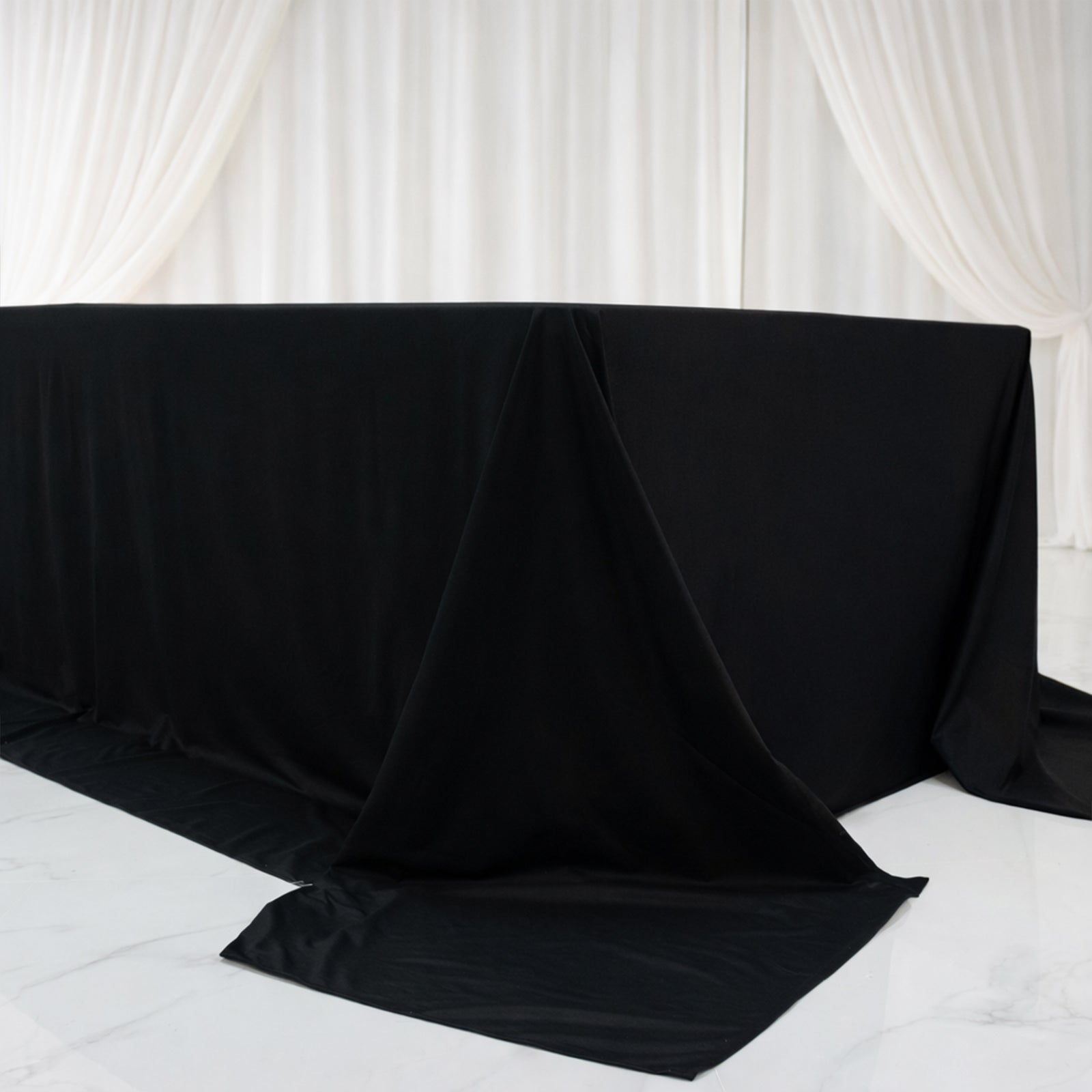 Black rectangular tablecloth for 8ft tables, wrinkle-free and stain-resistant.