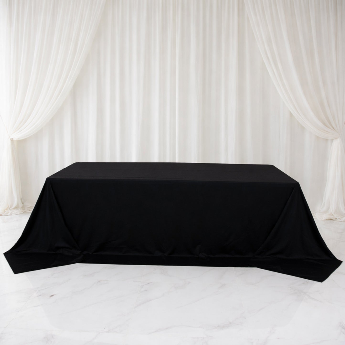 Black rectangular tablecloth for 8ft tables, wrinkle-free and stain-resistant.