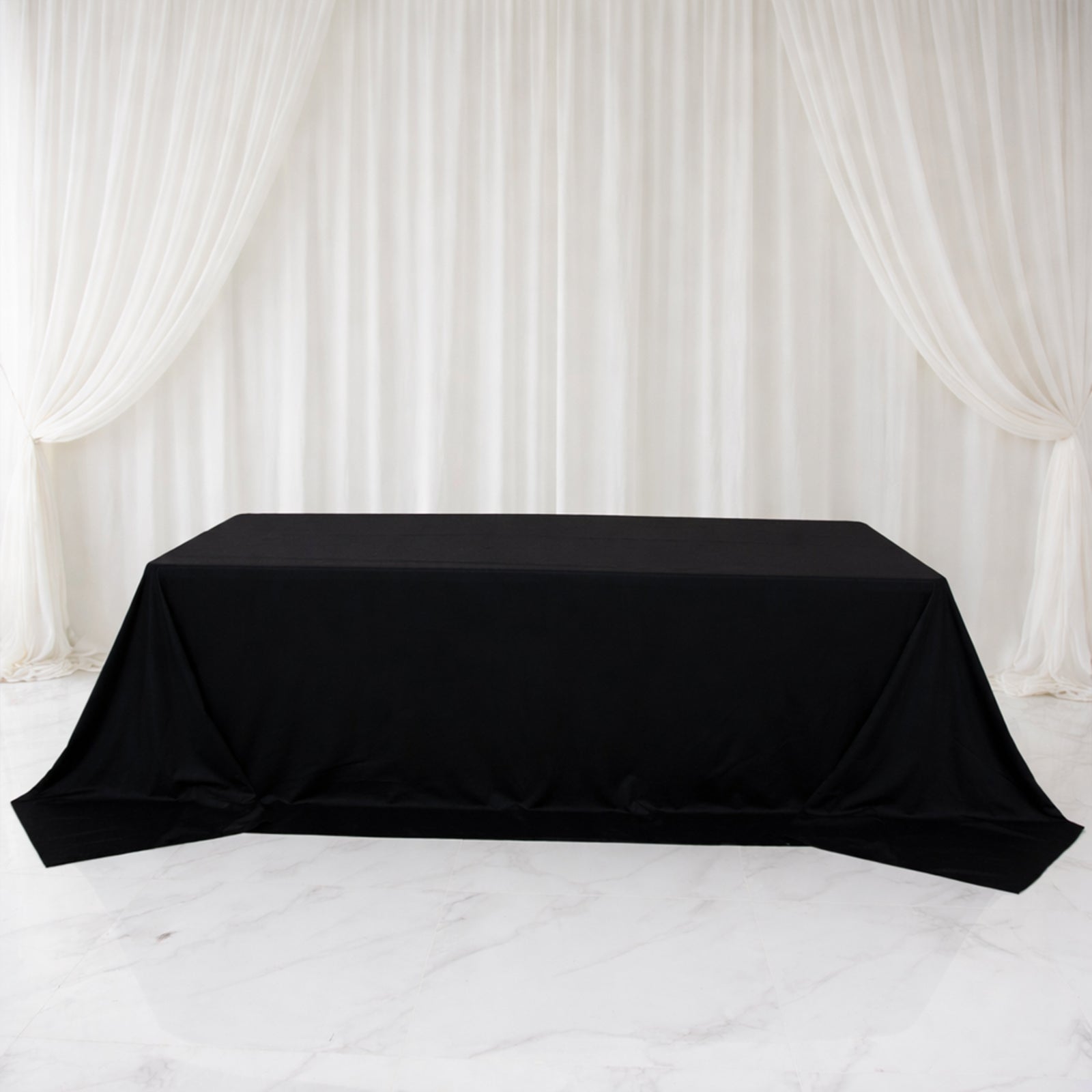 Black rectangular tablecloth for 8ft tables, wrinkle-free and stain-resistant.