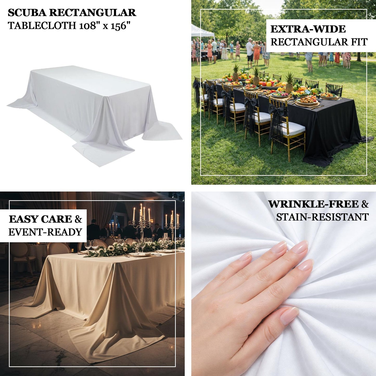 Black rectangular tablecloth for 8ft tables, wrinkle-free and stain-resistant.