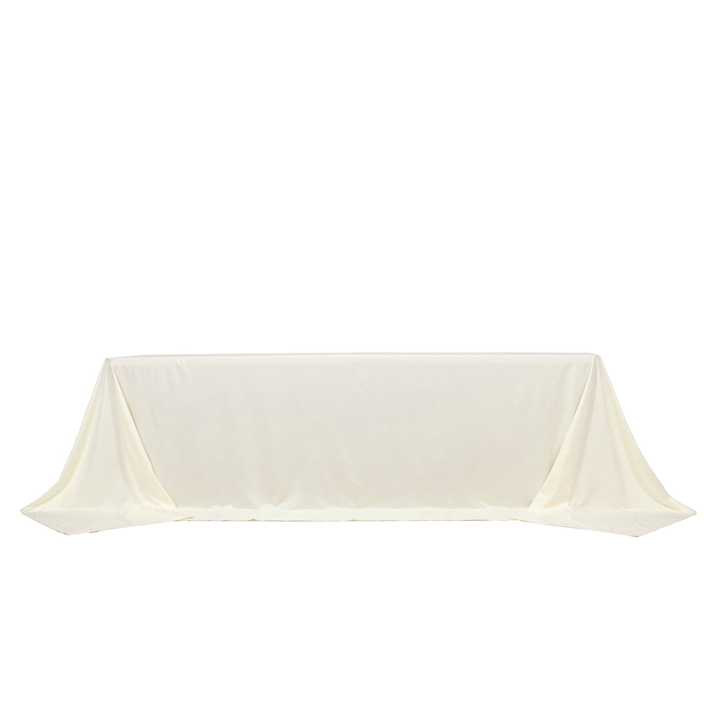 Ivory rectangular tablecloth for 8ft tables, wrinkle-free and stain-resistant.