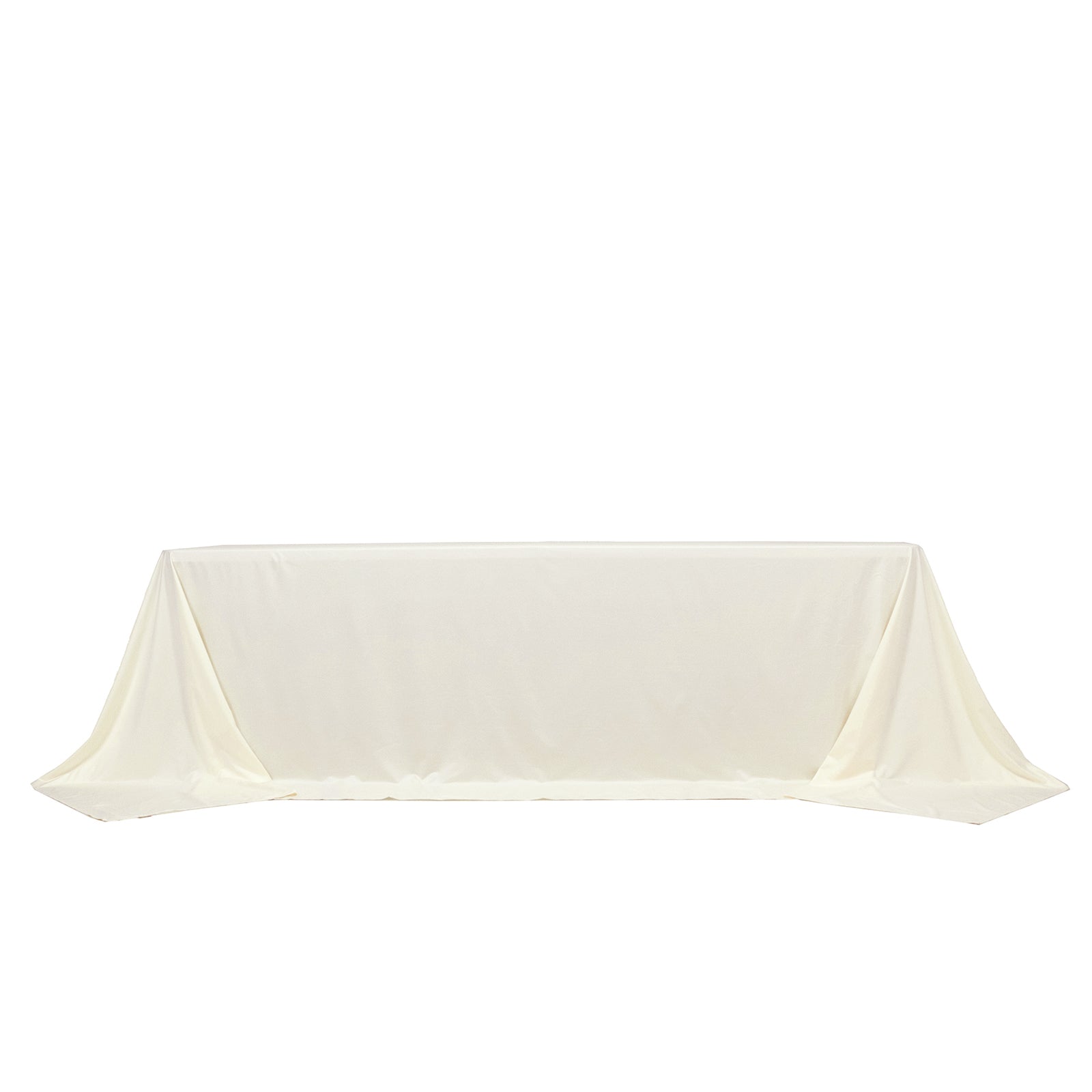 Ivory rectangular tablecloth for 8ft tables, wrinkle-free and stain-resistant.