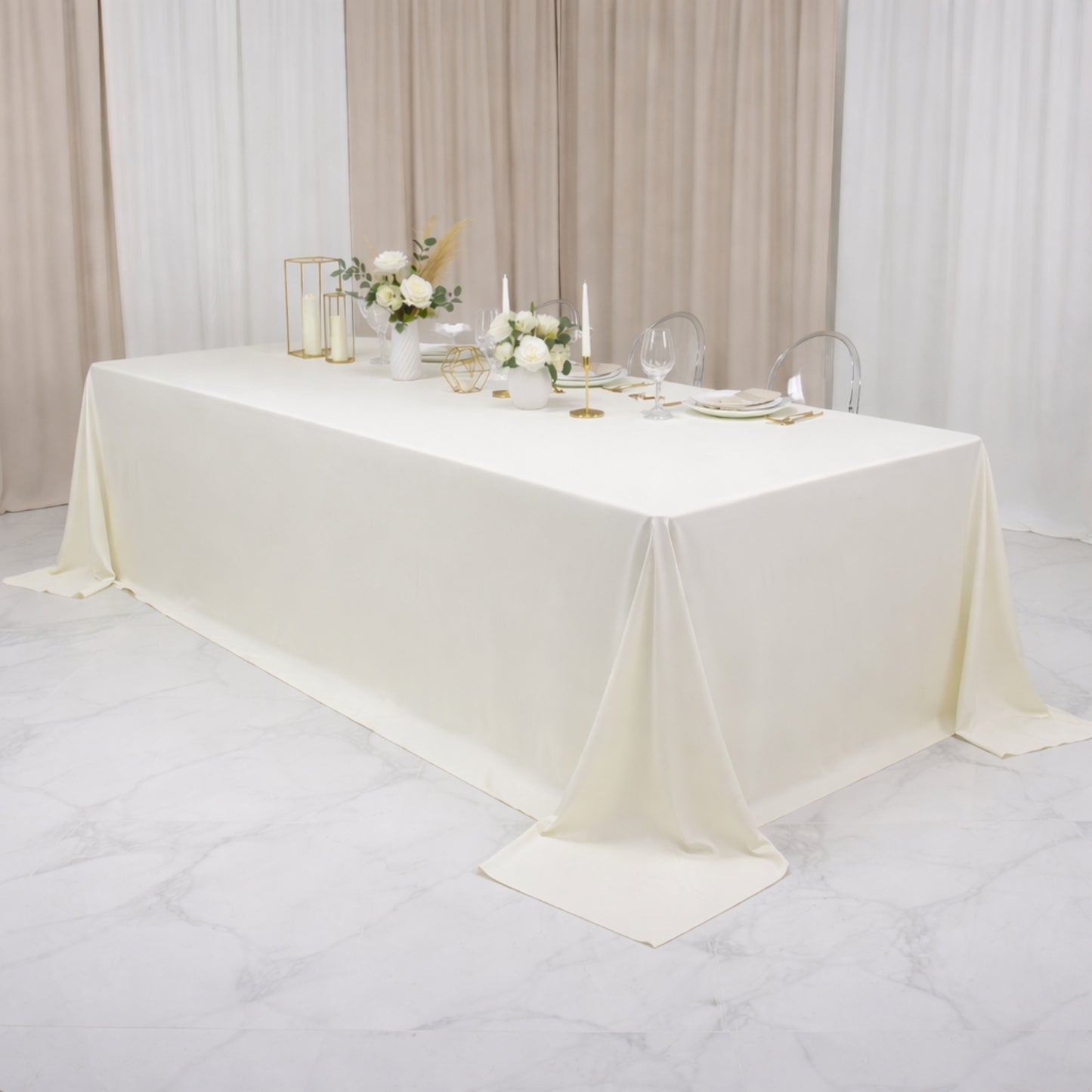 Ivory banquet tablecloth for 8ft tables, wrinkle-free and stain-resistant.