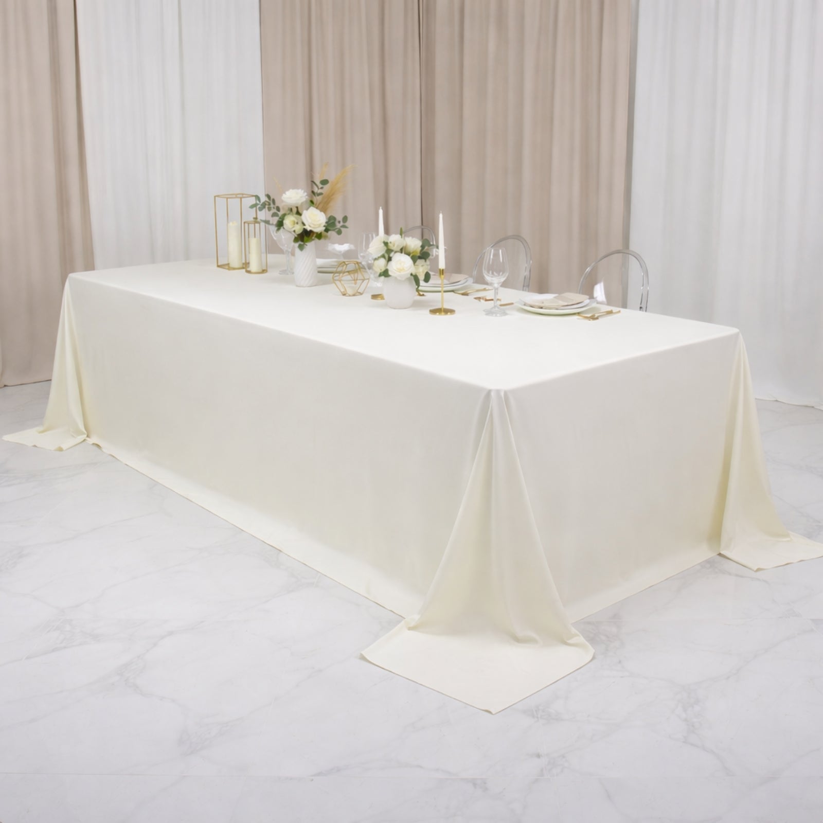 Ivory banquet tablecloth for 8ft tables, wrinkle-free and stain-resistant.