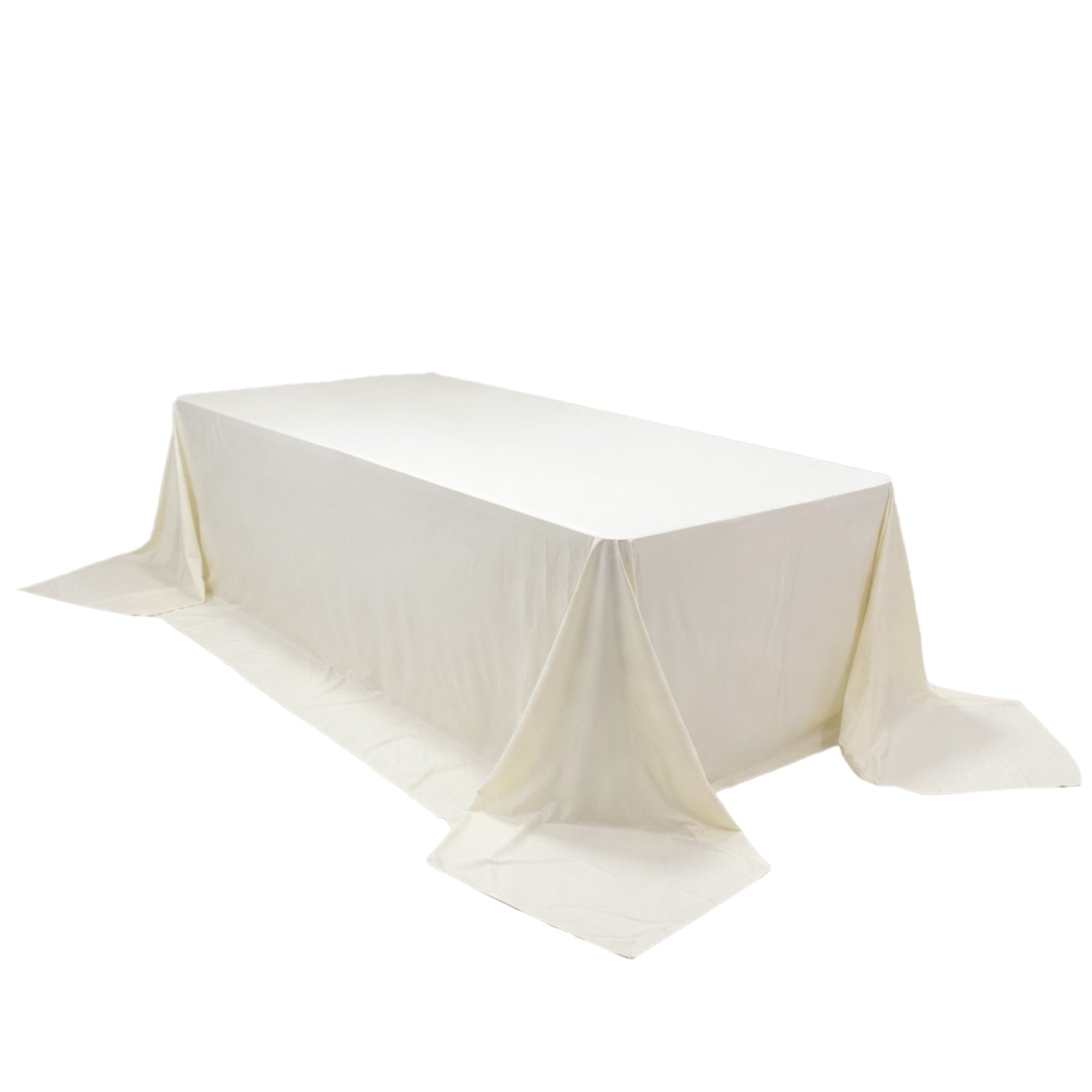 Ivory rectangular tablecloth for 8ft tables, wrinkle-free and stain-resistant.