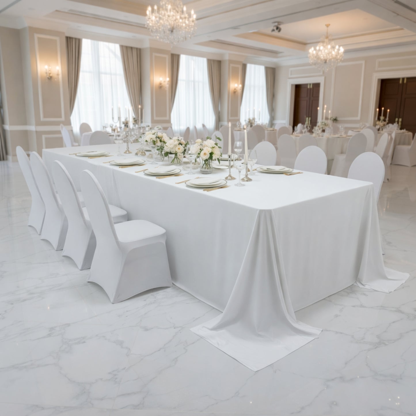 White rectangular tablecloth for 8ft tables, wrinkle-free and stain-resistant.