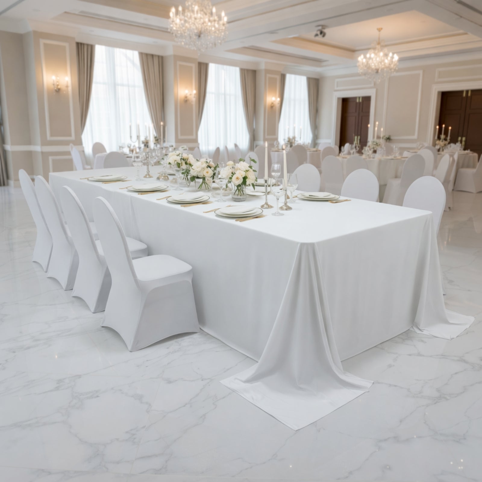 White rectangular tablecloth for 8ft tables, wrinkle-free and stain-resistant.