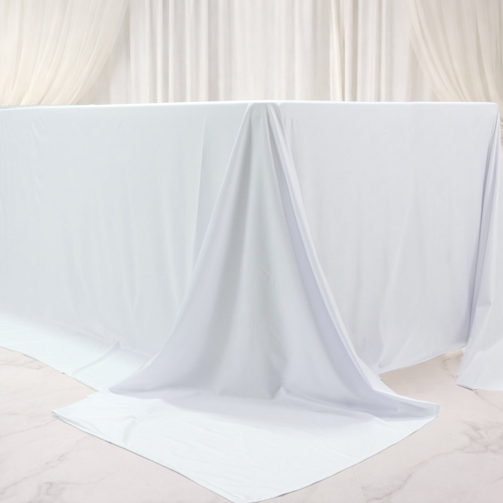 White rectangular tablecloth for 8ft tables, wrinkle-free and stain-resistant.