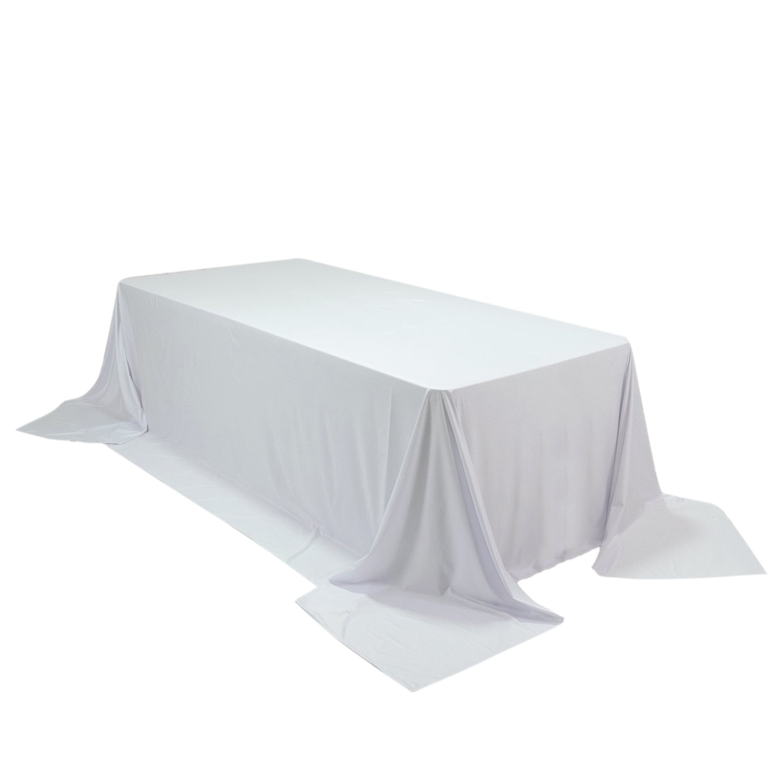White rectangular tablecloth for 8ft tables, wrinkle-free and stain-resistant.